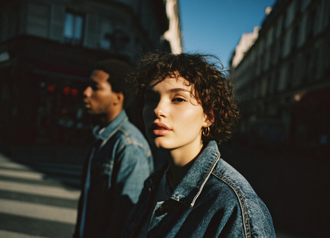 Untitled Mdjourney realistic shot of a woman and a man wearing denim jackets